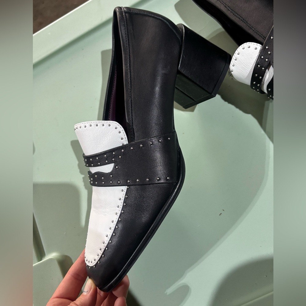 Black & White Studded Leather Loafers - Picture 3 of 4